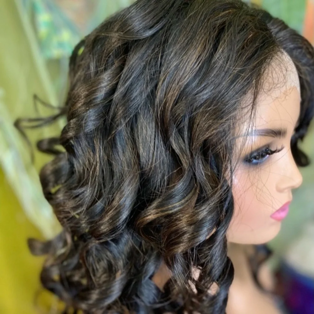 prestyled jet black lace front wig with highlights